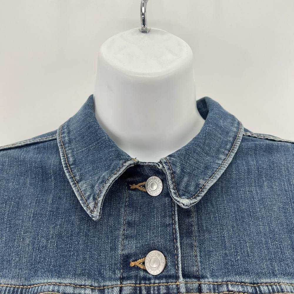 Levi's Trucker Jean Jacket Women L Blue Hand Painted Boho Graphic Celtic Cross - Picture 6 of 15